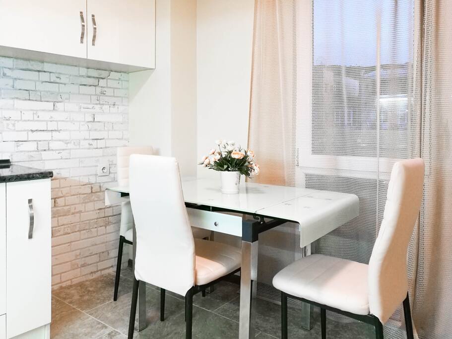 You can also enjoy your morning coffee on the balcony that's attached to the kitchen.