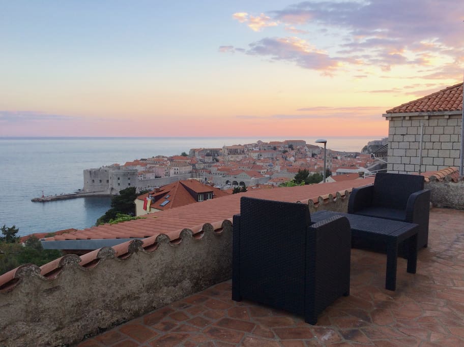 Front balcony view towards old city of Dubrovnik, also view from living room and bedroom. Sunset
