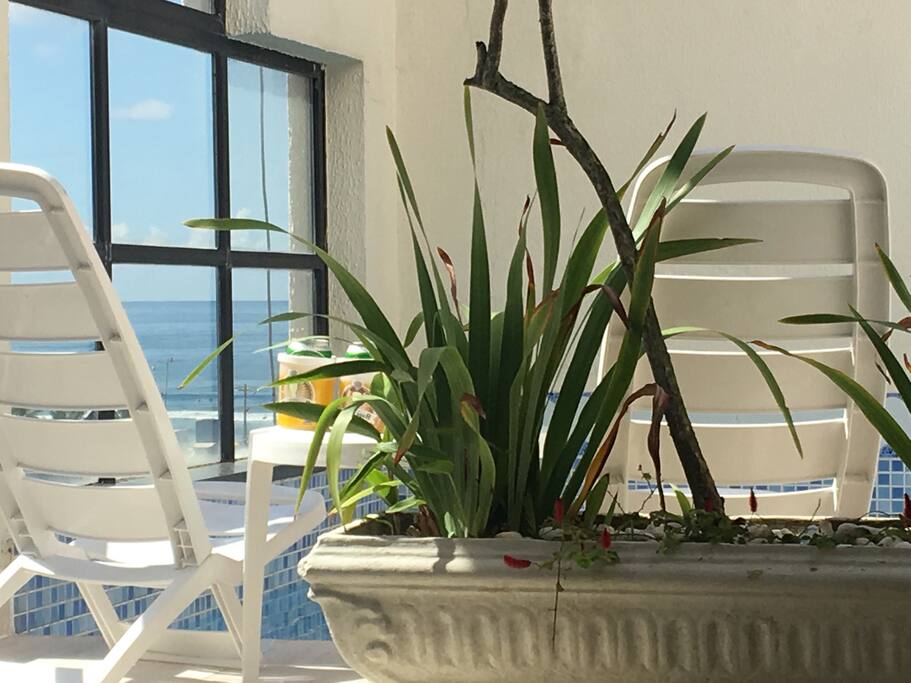 Piscina da cobertura, com vista para o mar.