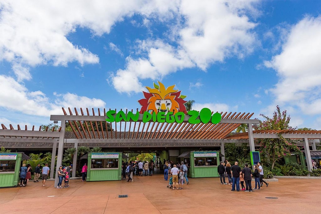 The entrance of the San Diego Zoo is marked by a vibrant, colorful sign displaying a lion's head above the words 'San Diego Zoo.' Visitors are seen gathering in front, with lush greenery framing the structure under a partly cloudy sky.