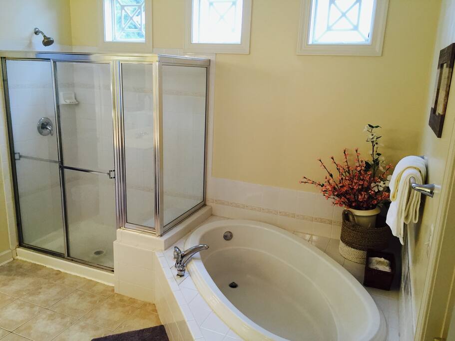 Fully equipped luxurious bathroom.