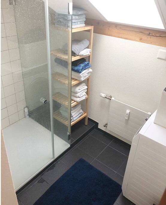 Dusche links , rechts Wäschetrockner