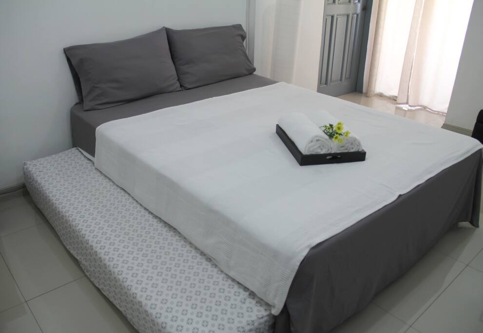 Enjoy a queen size bed and a pull out double bed.