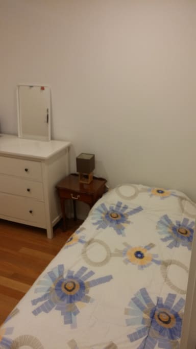 Single bed with fresh linen and pillow. Drawers with space for your clothes.