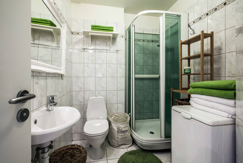All your needs are cared for in the bathroom... shower, washing machine, and lush green towels.