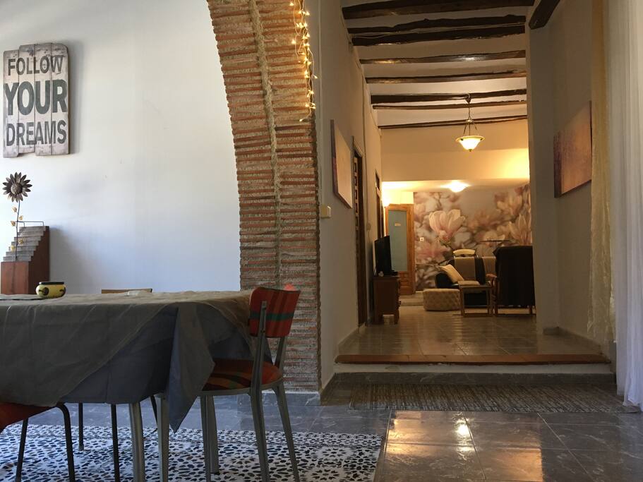 Looking from dining area to lounge space