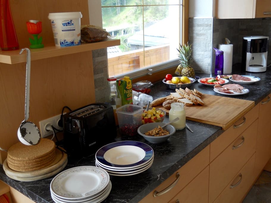 Breakfast is the most important meal of the day in our kitchen. A huge fresh fruit bowl, natural yogurt, homemade granola or muesli, bread from the bakery up the mountain are always available.