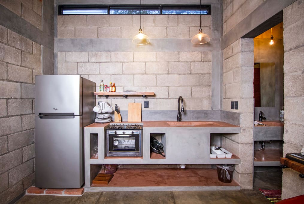Modern kitchen range, stove and fridge