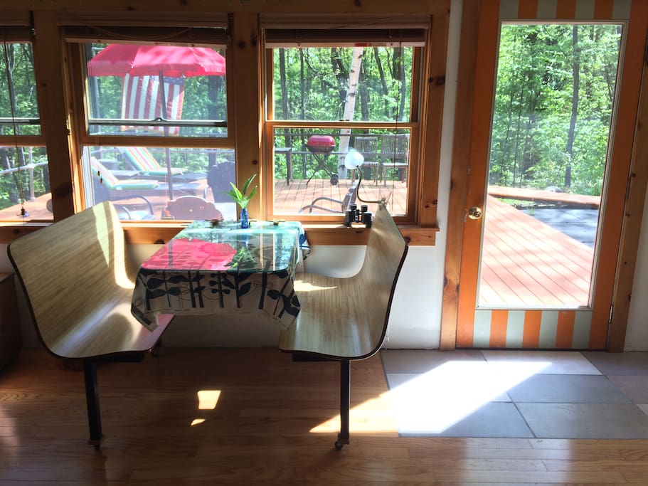 Breakfast nook with view of the deck