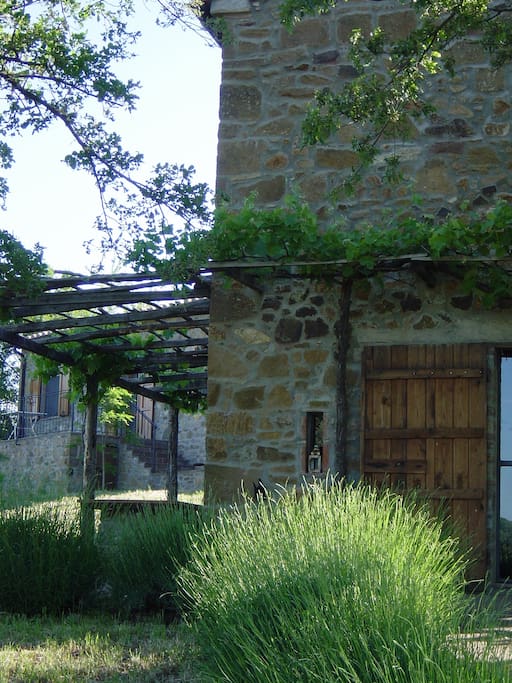 Terrasse und kleines Haus im Hintergrund