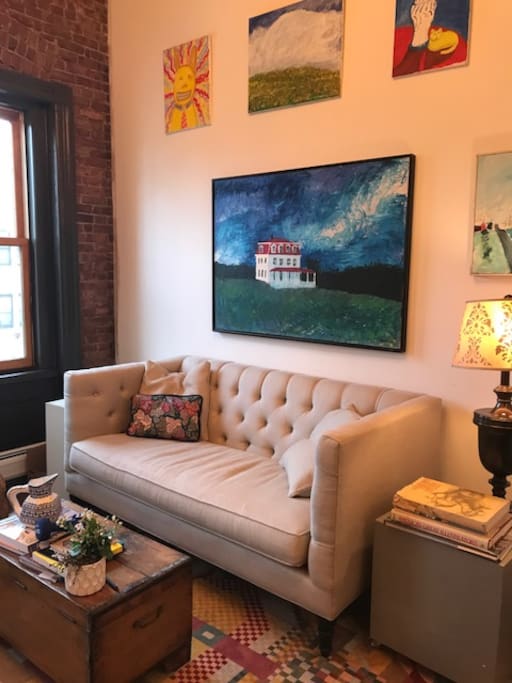 Comfy sofa--with dramatic painting!