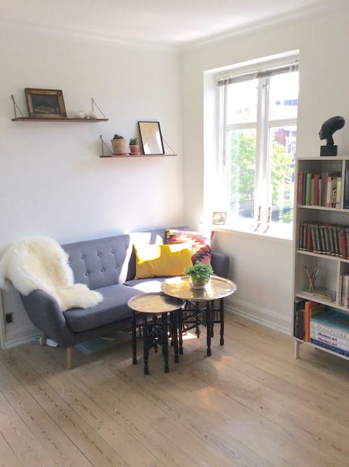 Relaxing sofa area with a beautiful view of Aarhus' charming old court yards. Next to the open living room area.