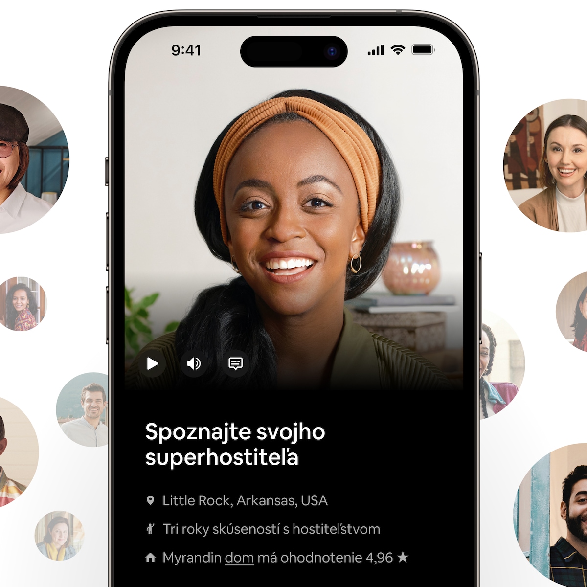Usmievajúca sa superhostiteľka v aplikácii Airbnb. Z textu sa dozvedáme, že sa volá Myranda, má trojročné skúsenosti s hostiteľstvom v Little Rocku a jej ohodnotenie na Airbnb je 4,96 z 5 hviezdičiek.