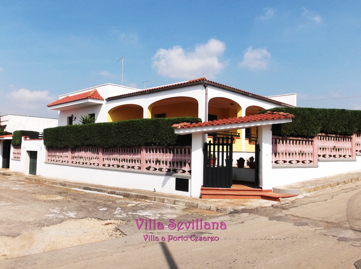 The exterior of the villa is presented, featuring a welcoming facade with a combination of light and dark elements. A decorative wall surrounds the space, while a covered entrance leads to the property. Lush greenery is visible along the perimeter, providing a natural touch.