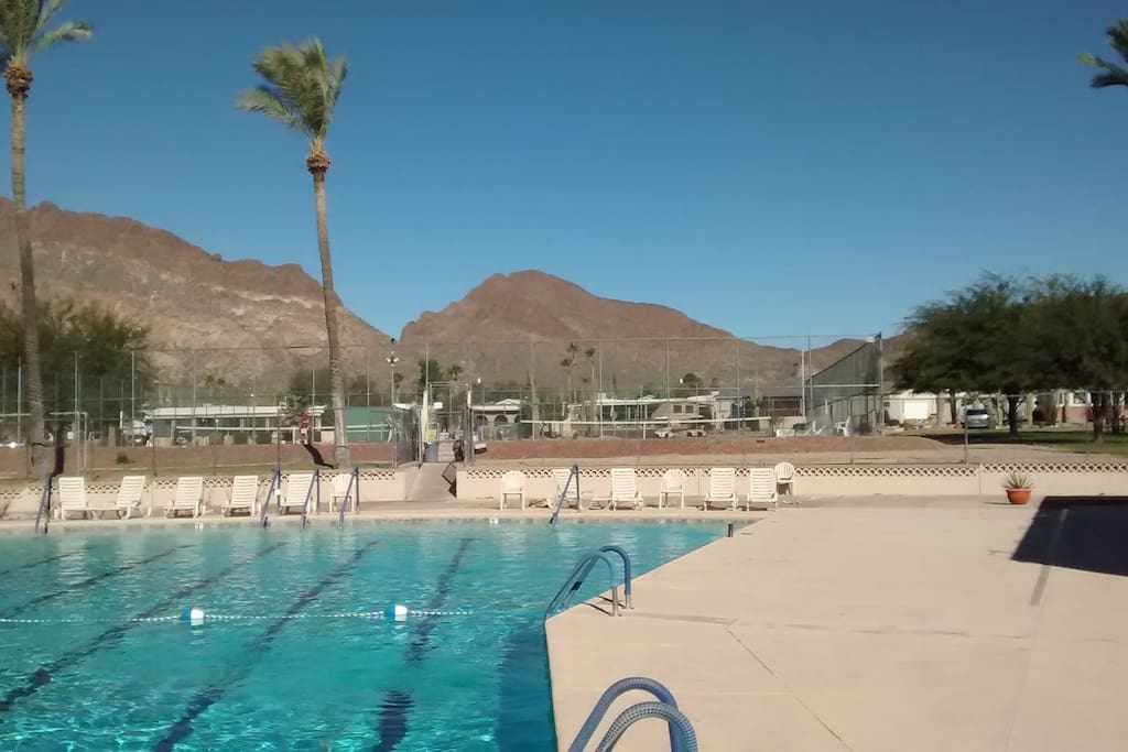 One of TE's two pools, with pickleball/Tennis courts beyond