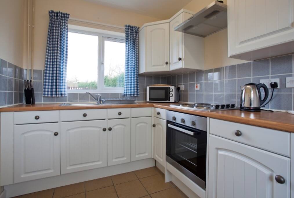 Fully equipped kitchen with large fridge/freezer.