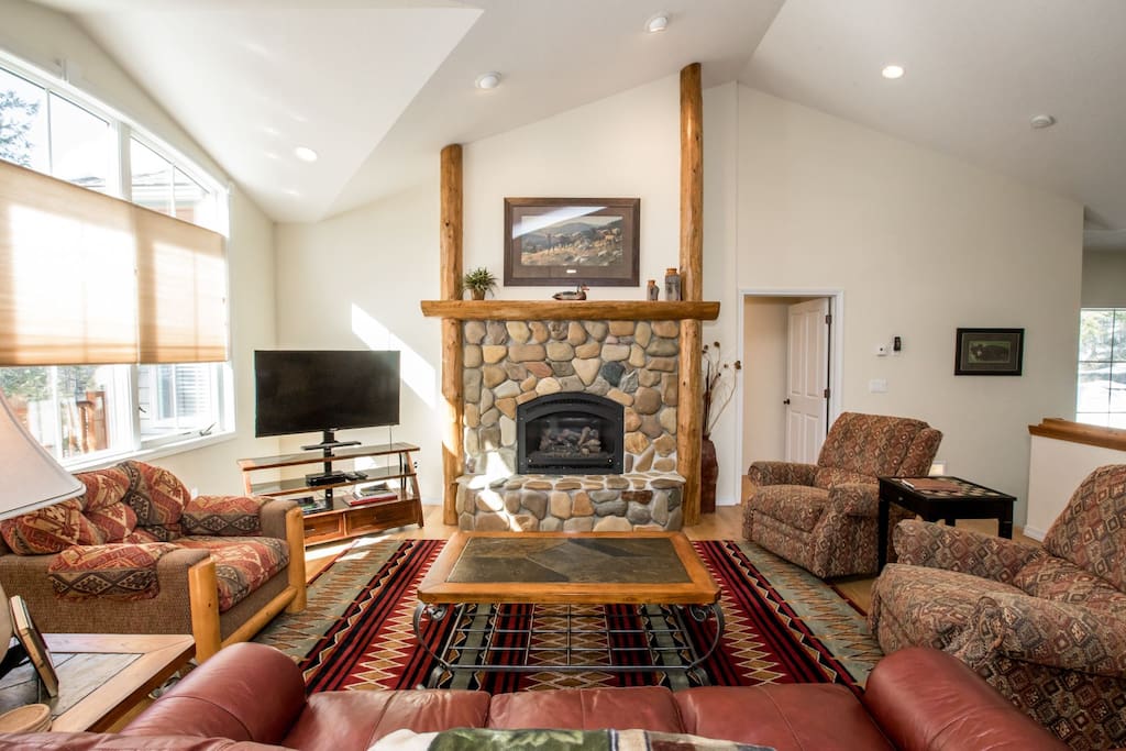 Huge living room with beautiful fire place