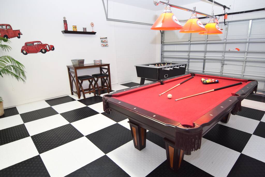 Fantastic games room with flat screen TV, pool table and table football