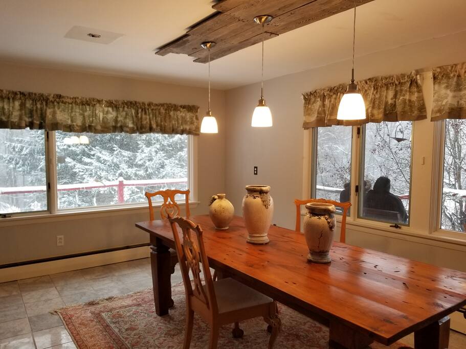 The morning sun comes up over the mountains and fills our home with warmth. Watch the flock of wild turkeys or the resident owls & deer. There's moose too (but I've never seen them.)