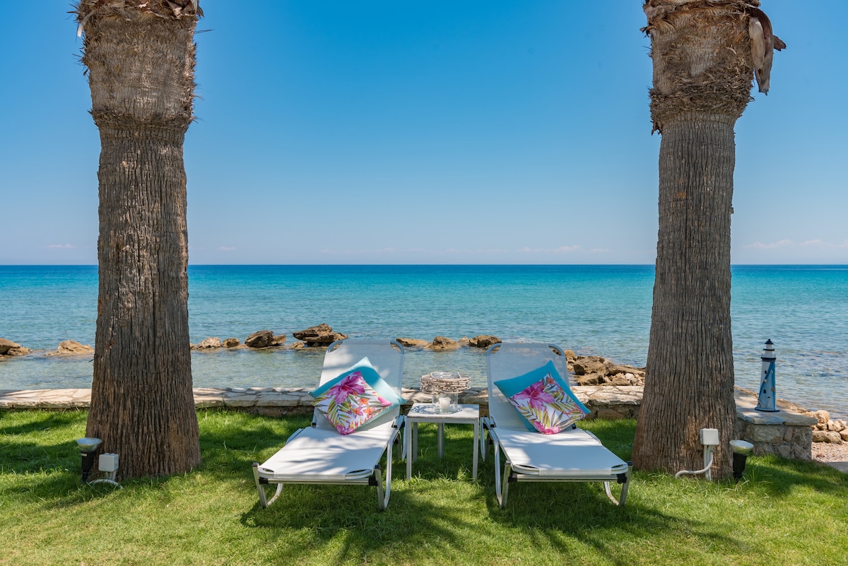 Two sun loungers are positioned on lush green grass, framed by palm trees. Each lounger is adorned with colorful throw pillows, facing the crystal-clear blue waters of the sea, creating a tranquil outdoor setting ideal for relaxation.