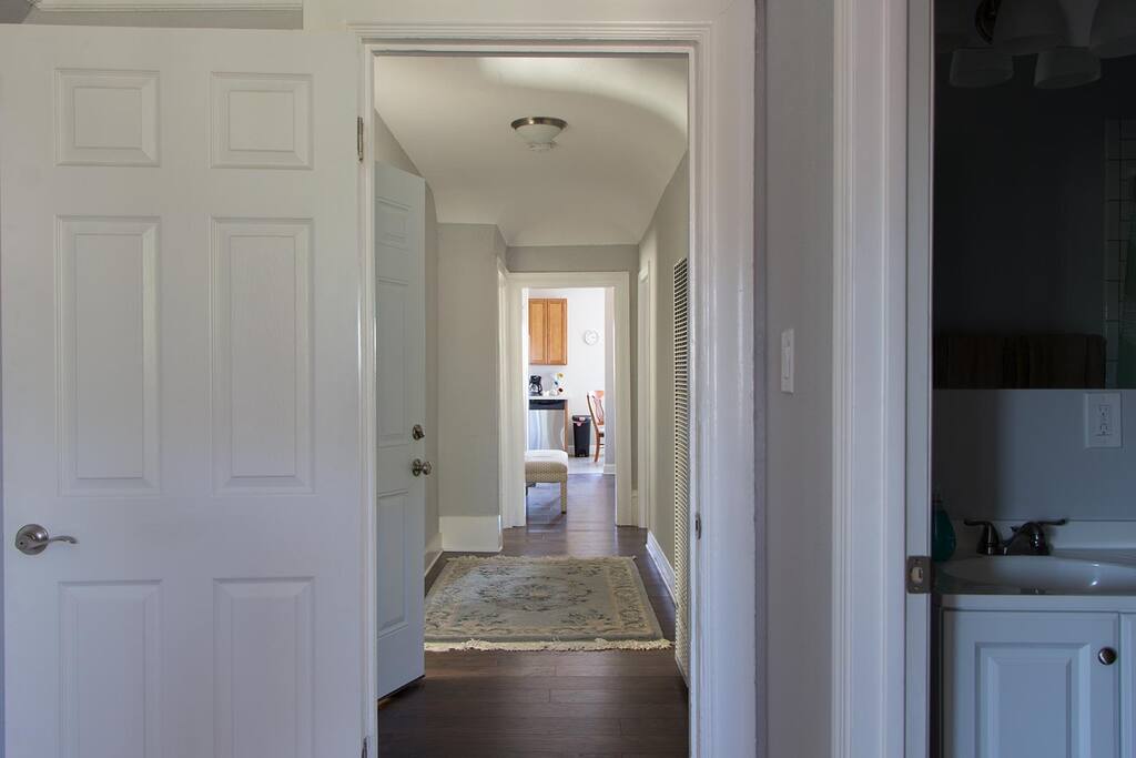 Hallway, looking into the kitchen, from the master bedroom