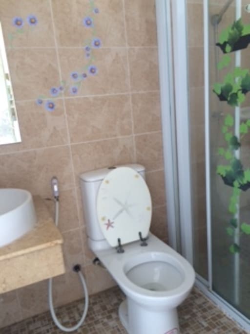 Clean Bathroom and toilets with Shampoo, Shower Gel, Hair dryer, Toothpaste and hand wash.