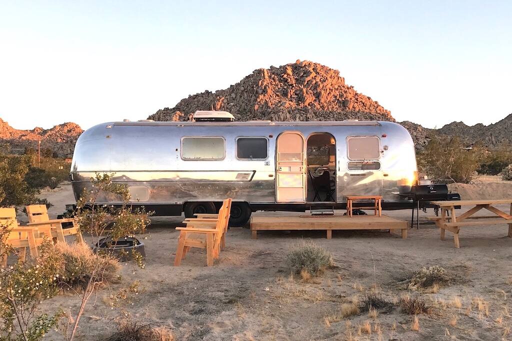 Hip Joshua Tree Desert Hiking Airstream. Glamping in the desert