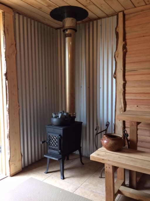 Wood fired Cedar Sauna with live edge Port Orford Cedar details