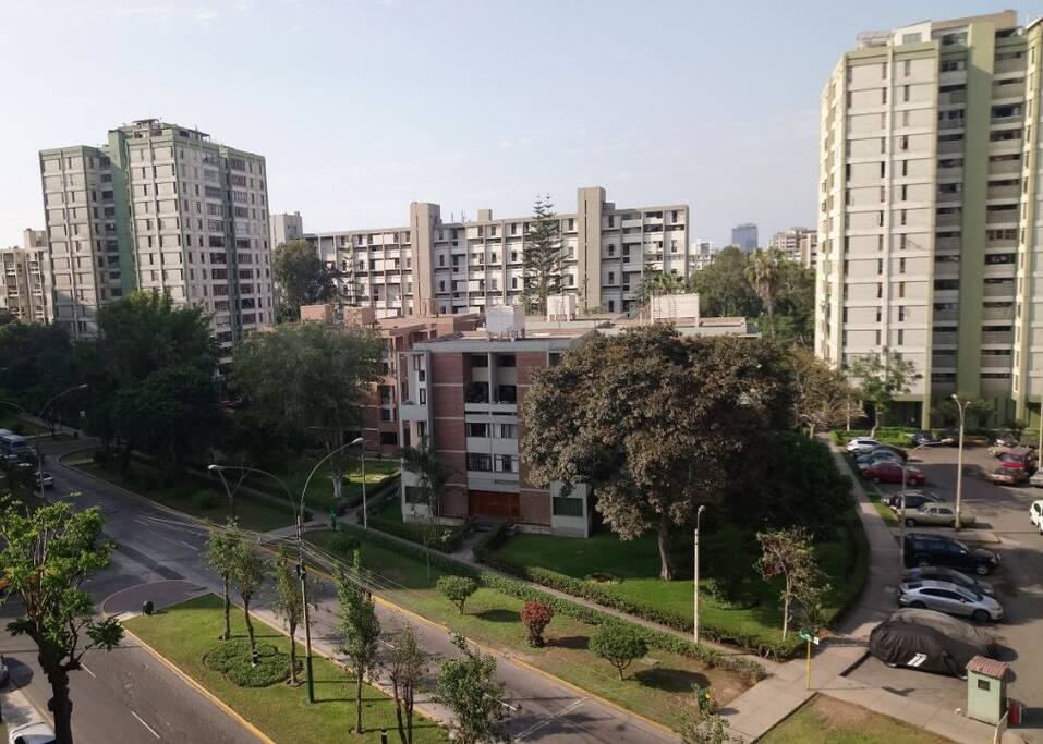 Vista panorámica diurna frente a parque con mucha área verde para deporte.