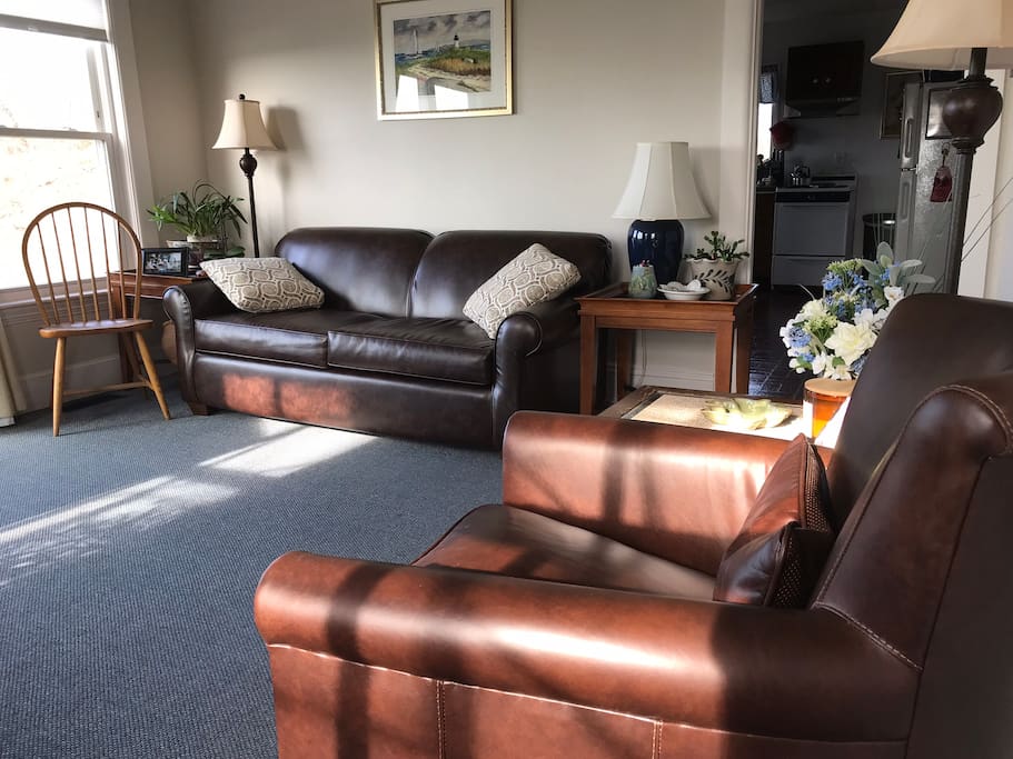 New leather full sized sleep sofa and new leather swivel chair