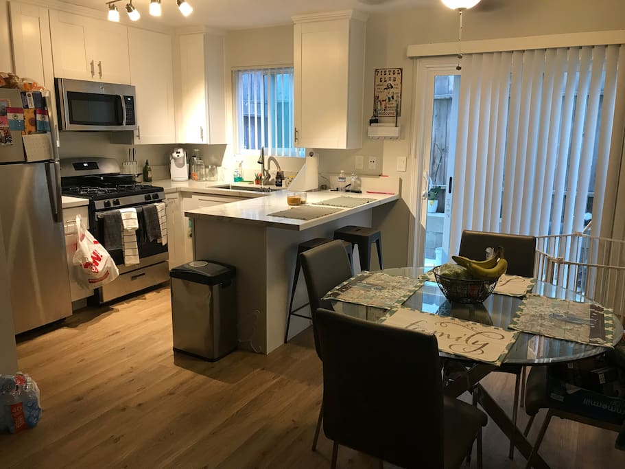 Kitchen (with a keruig) 2 barstools and dining table for 4 and doing any paperwork! Feel welcomed to grab anything necessary from the fridge and cabinets! Welcome to use any spices and what not!! PLEASE HELP YOURSELF TO SOME SNACKS FRUIT DRINKS, BEER, whatever I have at the moment lol