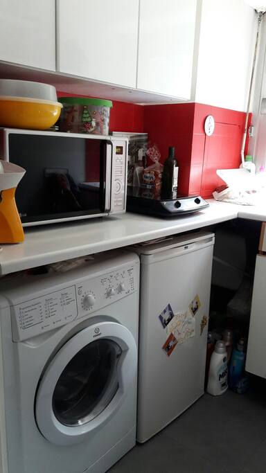 la cuisine tout équipée: four micro onde ( option four traditionnel aussi), plaque à induction, réfrigérateur, mixeur, lave linge ( option sèche linge) ...
