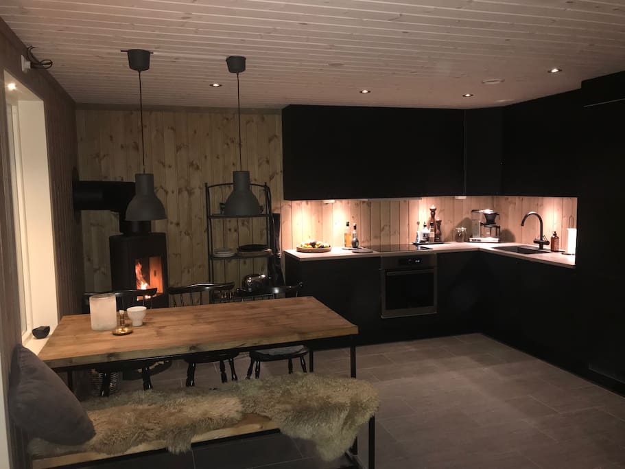 Very modern Kitchen with an open fire