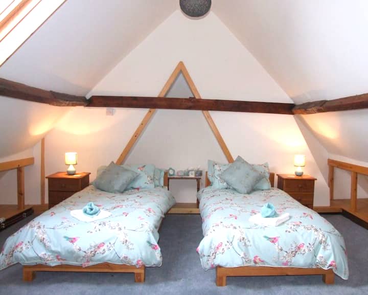 Огромна спална соба на поткровје (единечните кревети може да се претворат во 1 брачен кревет (широк 150-179 см)