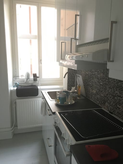Fully equipped kitchen with stove, microwave and fridge.