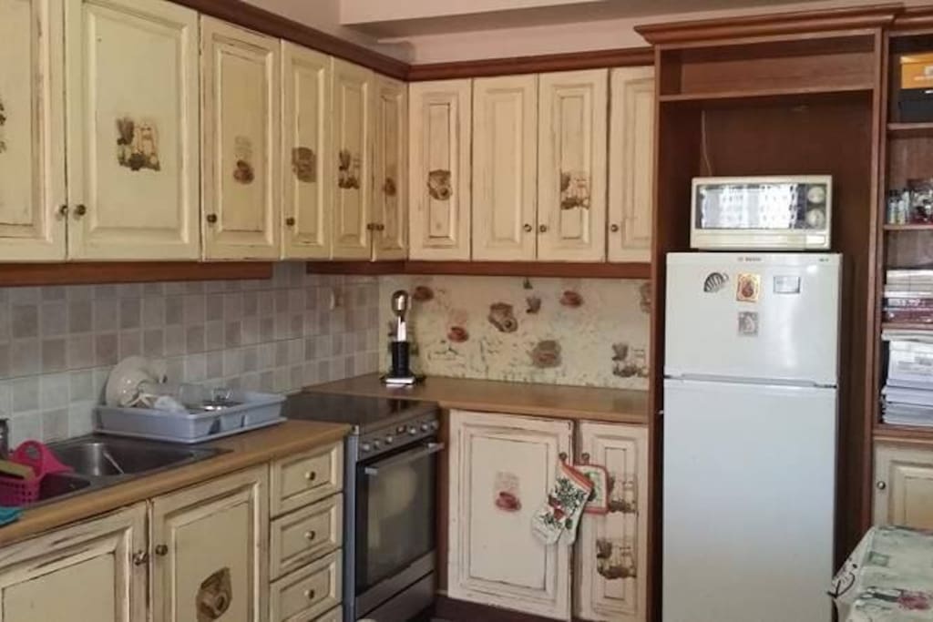 kitchen with vintage signs