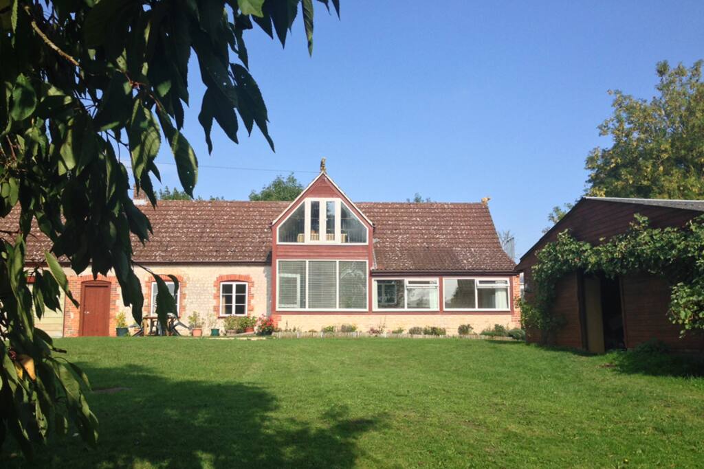 The front of the cottage and lawn.