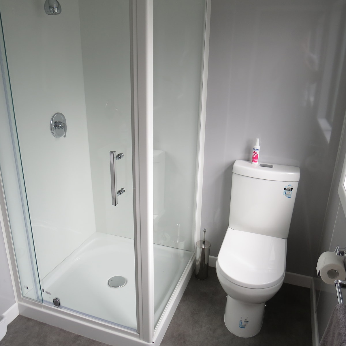 A modern bathroom is presented, featuring a glass shower enclosure and a sleek toilet positioned beside it. The shower area is spacious, with a clean minimalistic design, while the tiled floor adds a contemporary touch. Natural light illuminates the room through a window.