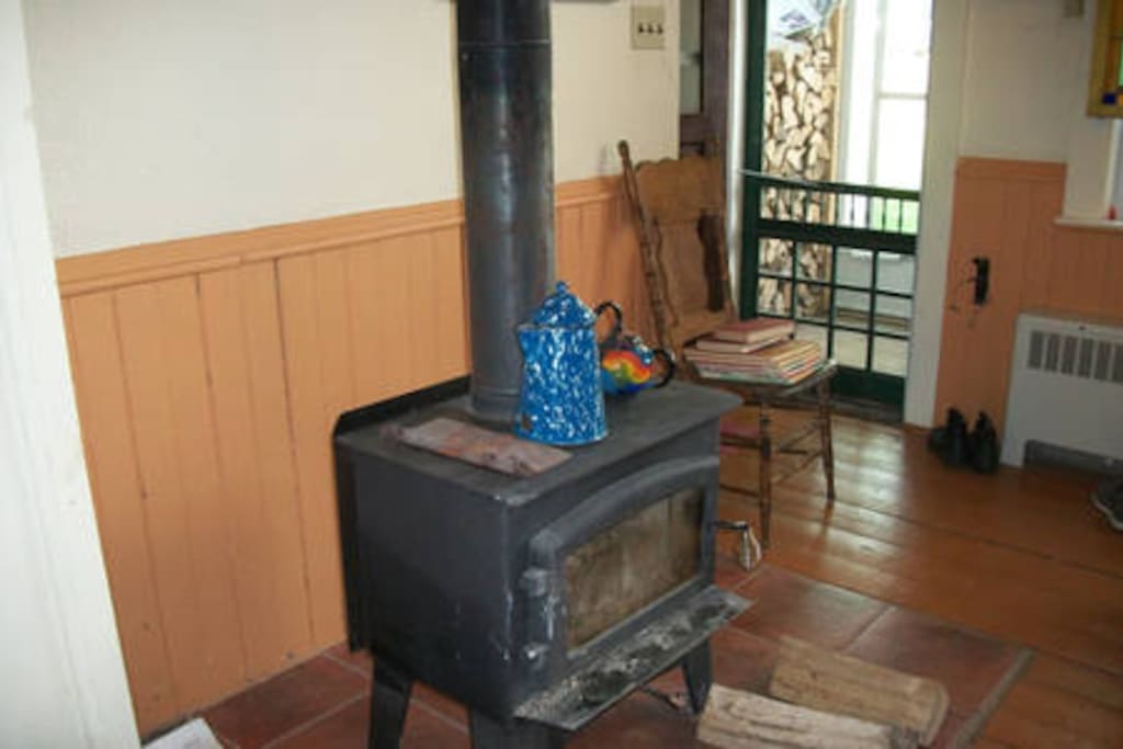 Wood burning fireplace in the kitchen.