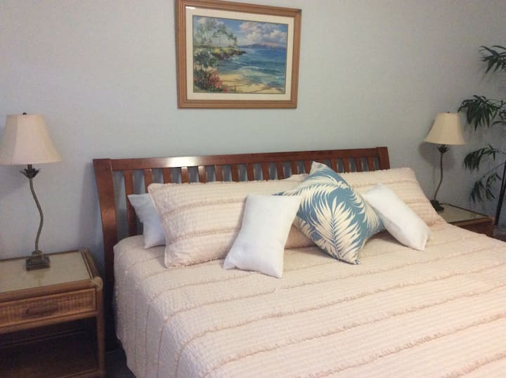 בחדר השינה יש מיטת קינג סייז, כיסויי חלונות הם תריסים, מקומות ישיבה נוספים עם שולחן כתיבה והרבה מקום אחסון בחדר המרווח הזה, 