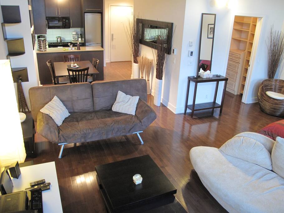 LIVING ROOM WITH COMFY COUCH SEATING 6 & FUTON COUCH. BOTH COUCHES TURN INTO BEDS