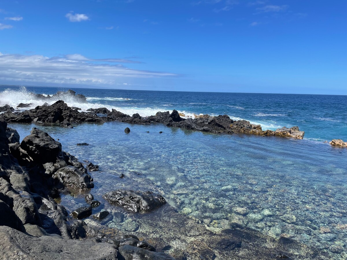 A serene coastal view captures clear waters along a rocky shoreline, revealing submerged natural elements below. Waves gently crash against the black lava rocks, under a bright blue sky with scattered clouds. The horizon meets the ocean, enhancing the tranquil atmosphere.