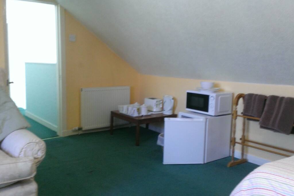 Fridge, microwave and kettle.