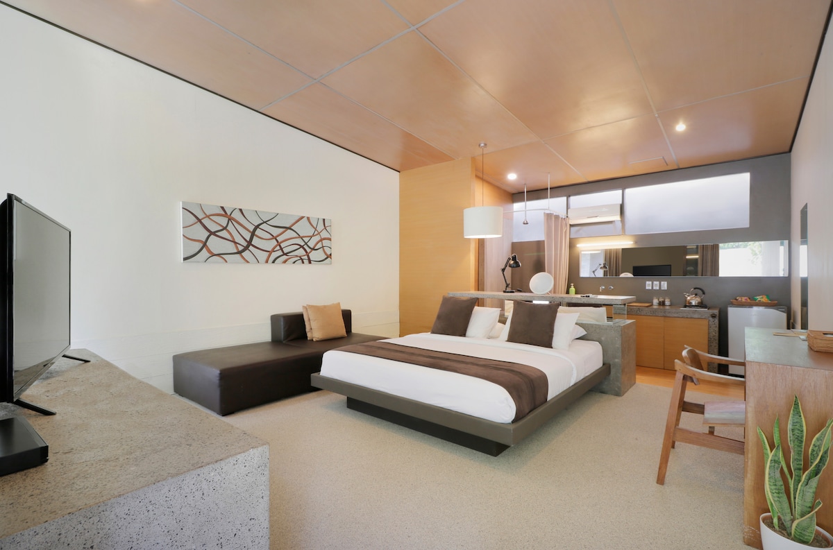 A spacious studio room features a double bed with earth-toned bedding and a cozy seating area with a dark lounge, all set against sleek, minimalist decor. A kitchenette and flat-screen TV are visible, enhancing convenience and comfort. Natural light filters through a large window.