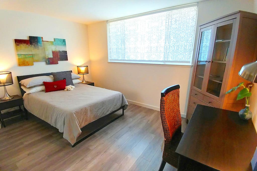 Room#1. Fully furnished 140 sq ft bedroom with full-size bed, 13" memory foam mattress, 6 pillows, night stands and desk. This room can be locked by preference.
