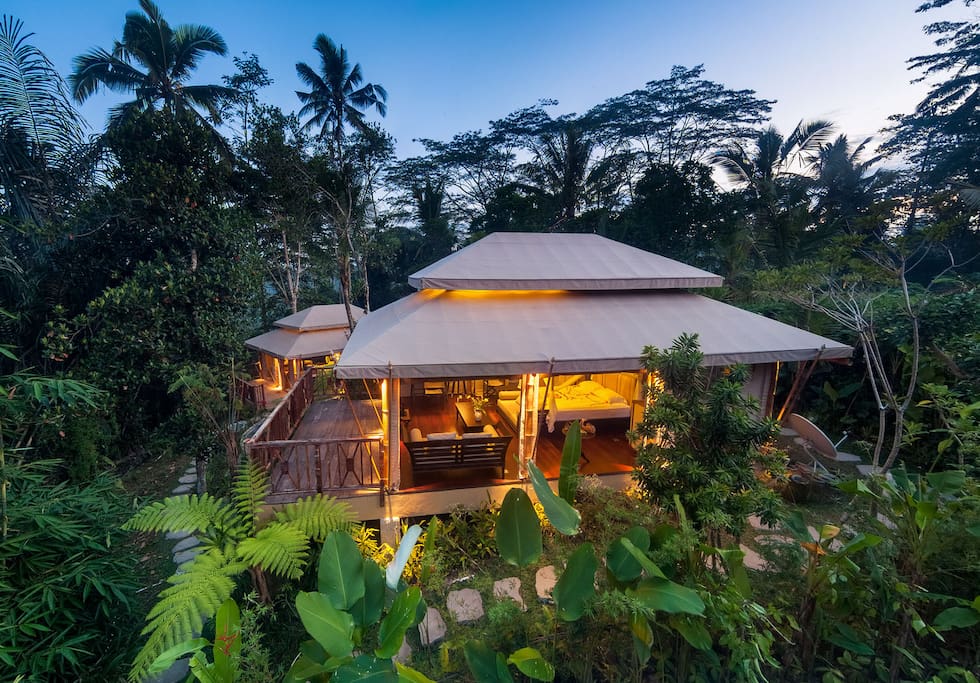 Dusk falling on our two safari tents surrounded by lush tropical forest