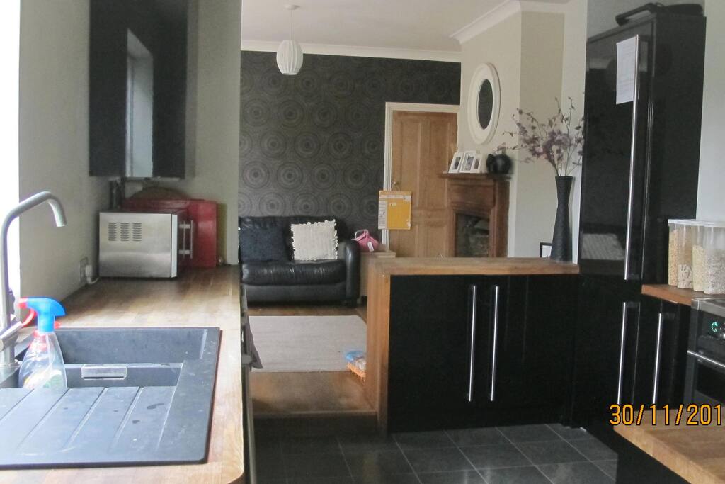 Open plan kitchen to living area.