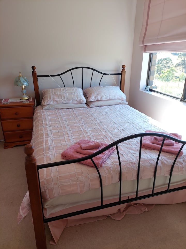 标准双人床卧室，小写字台、衣柜和景观