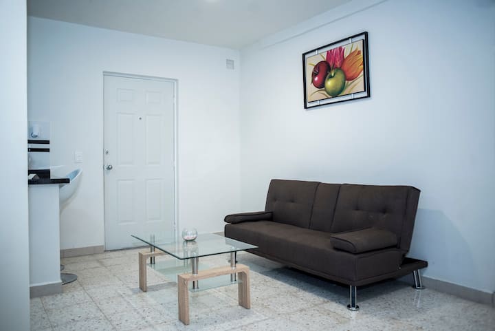 Всекидневна, състояща се от разтегателен диван и масичка за кафе, типична за таванско помещение като апартамент 1 в доста просторна зона