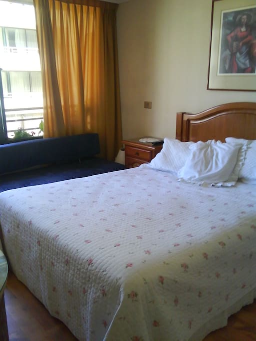 pieza con cama matrimonial y futón